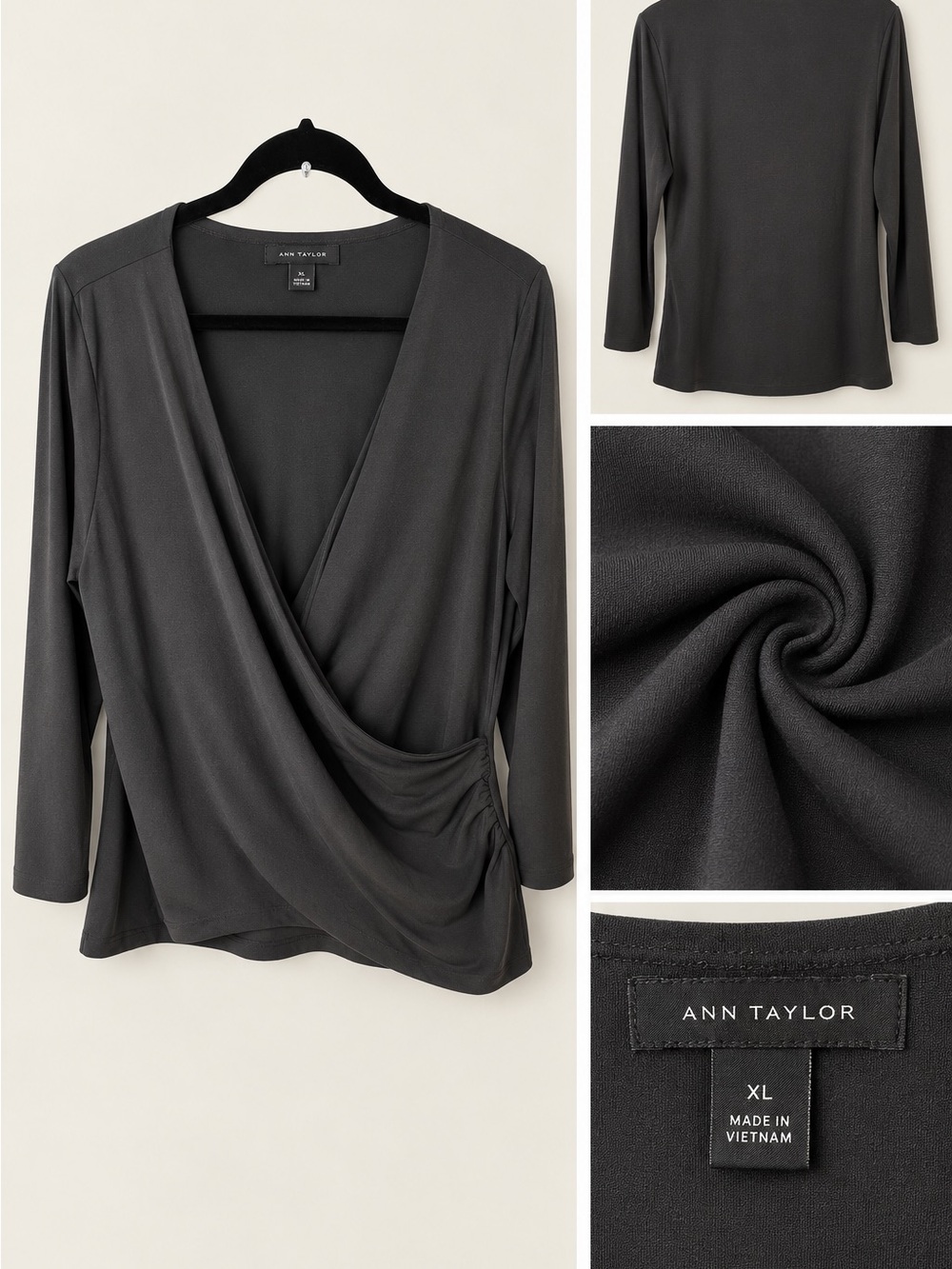 Ann Taylor Black Draped Surplice Blouse with Side Ruching